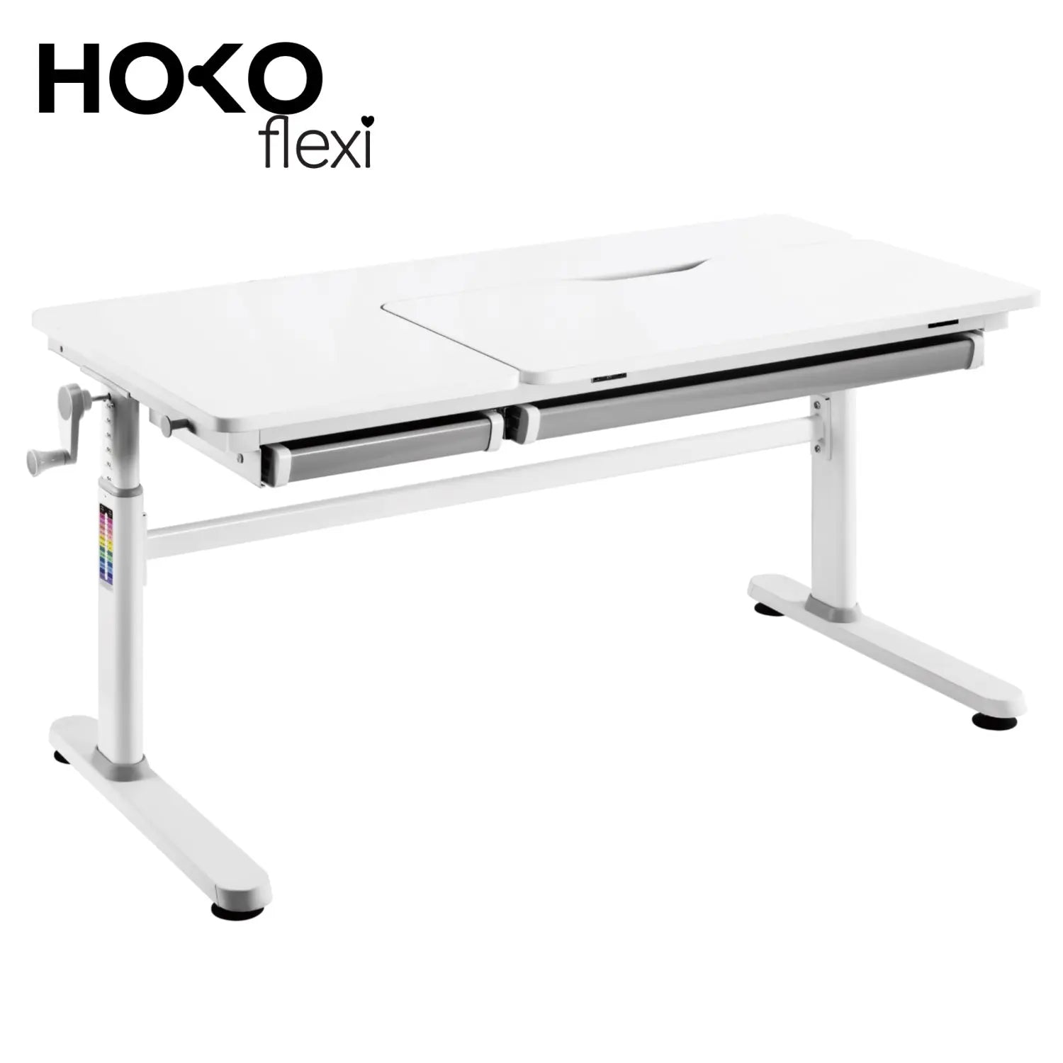 ELIN-Ergo-Study-Table manuell höhenverstellbar Kinder-Schreibtisch mit verstellbarer Tischplatte, Weiß - HOKO-Style