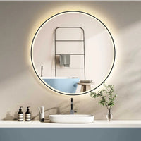 Design LED round wall mirror ANTIBESCHLAG with metal frame matt black, 60cm. Touch switch + LED light change