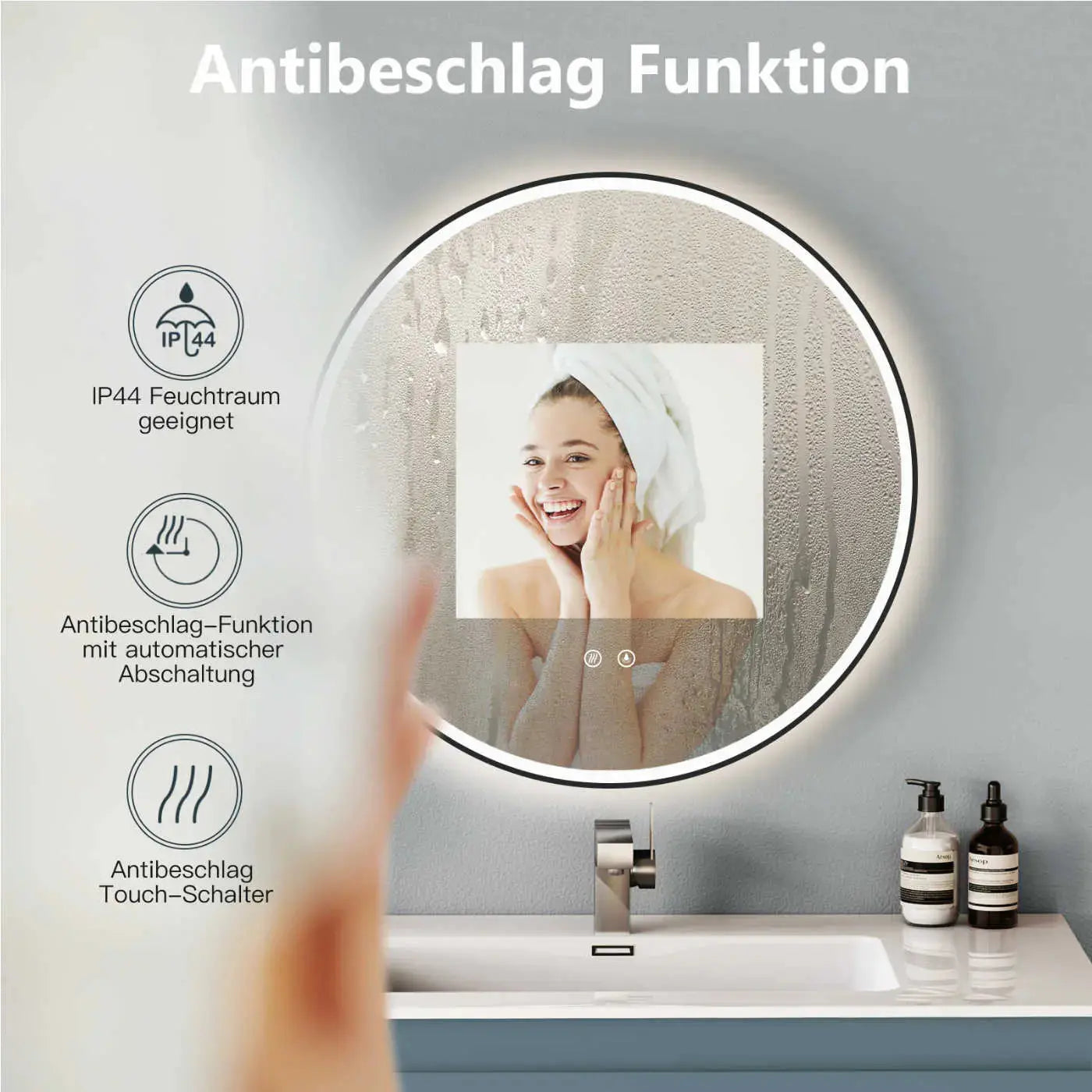 Runder LED Badespiegel mit Beleuchtung & Schwarz-Metall-Rahmen – Antibeschlag