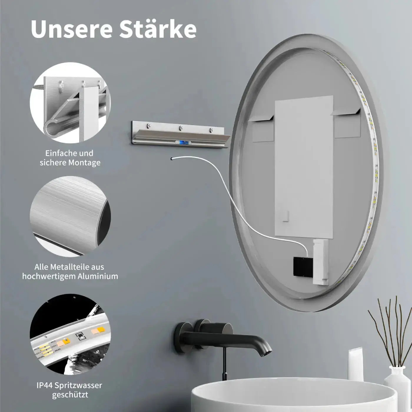 Runder LED Badespiegel mit Beleuchtung & Schwarz-Metall-Rahmen – Antibeschlag