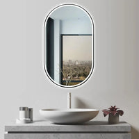 LED design bathroom mirror oval with metal frame matt black. Vertical & horizontal hanging. LED bathroom mirror / dressing table mirror. Light change warm white / cool white