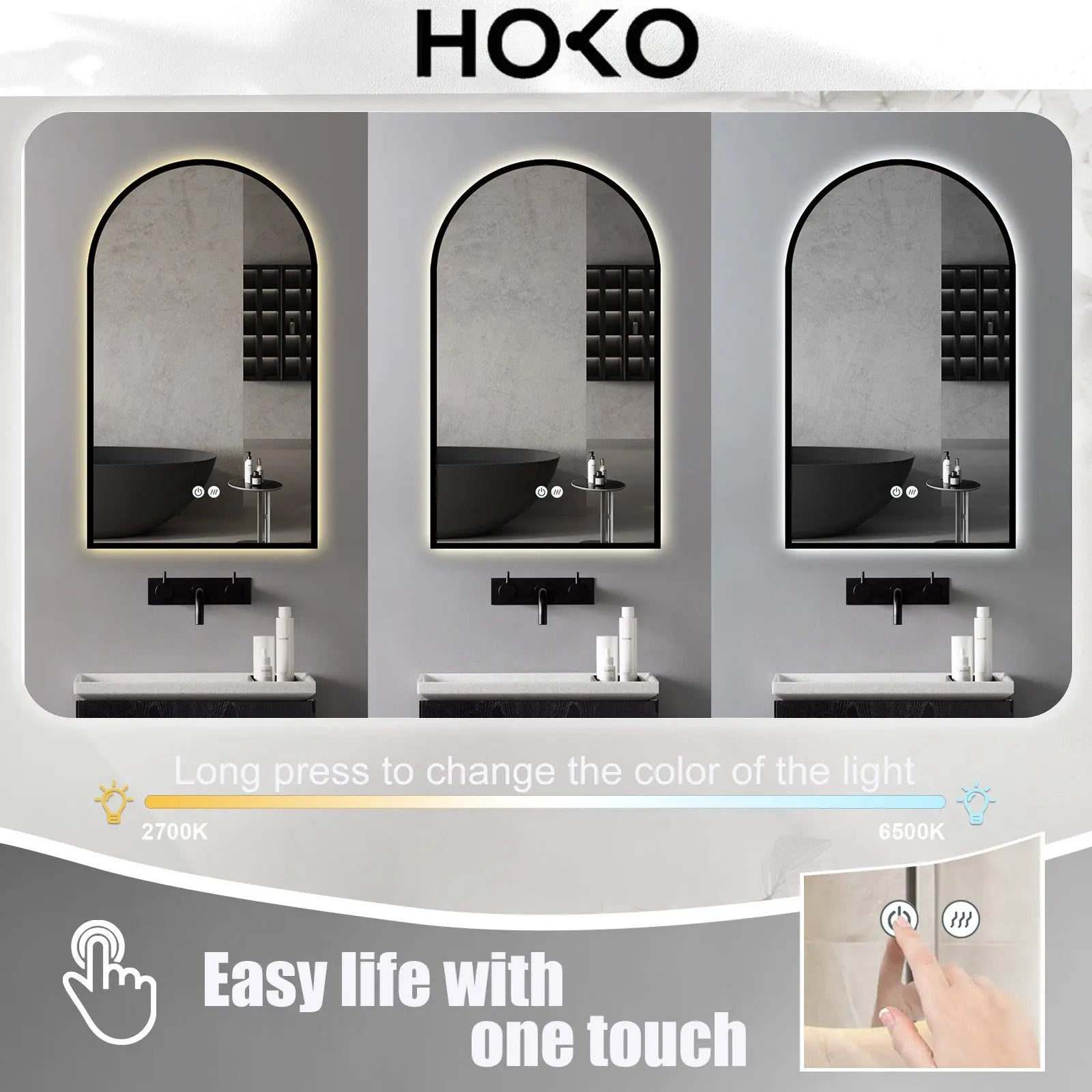 LED Badspiegel in Bogenform mit schwarzem Metallrahmen und Antibeschlagfunktion - HOKO-Style