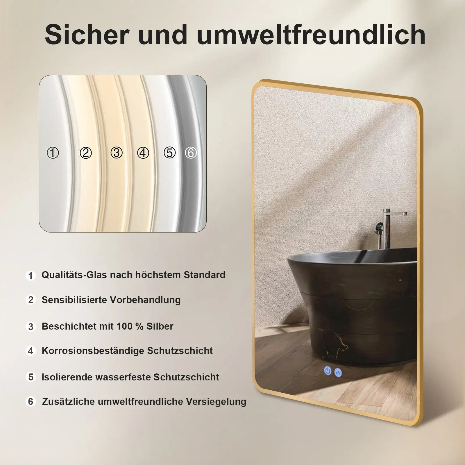 LED-Badspiegel mit goldfarbenem Metallrahmen, Antibeschlag und Lichtwechsel - HOKO-Style