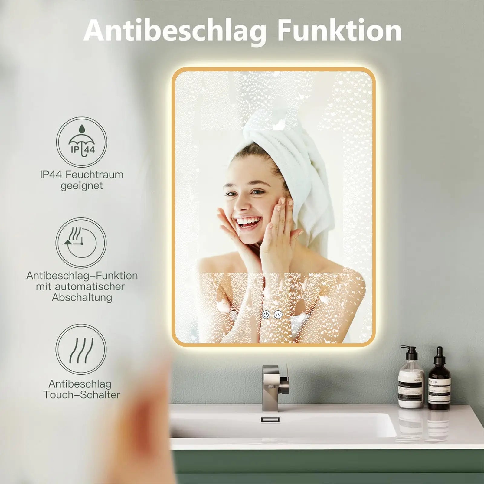 LED-Badspiegel mit goldfarbenem Metallrahmen, Antibeschlag und Lichtwechsel - HOKO-Style