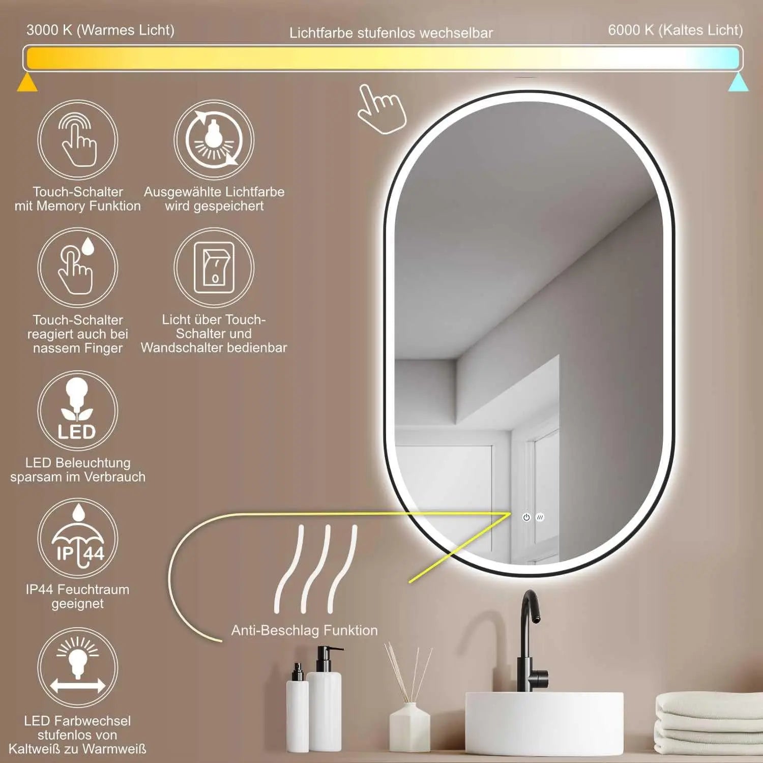 LED Badspiegel oval mit schwarzem Metallrahmen & Antibeschlag - HOKO-Style