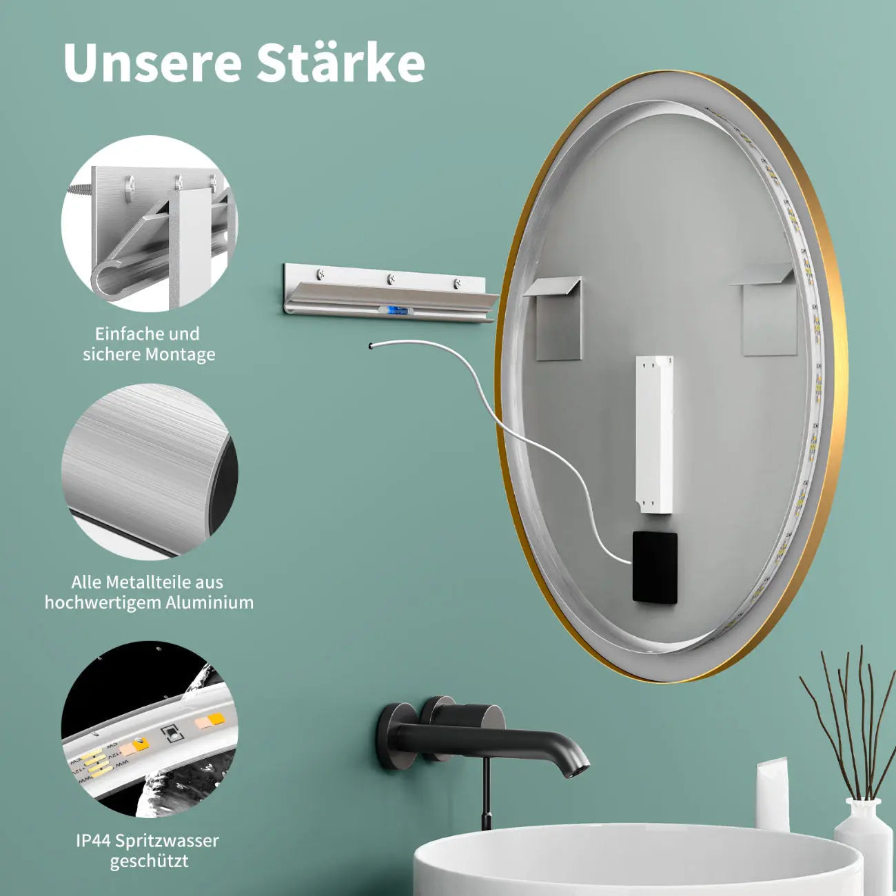 LED Rundspiegel für Badezimmer mit Gold Rahmen, Lichtwechsel - HOKO-Style
