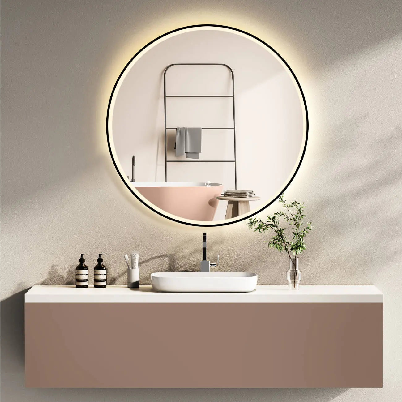 LED Rundspiegel für Badezimmer mit Schwarz Rahmen, Lichtwechsel - HOKO-Style