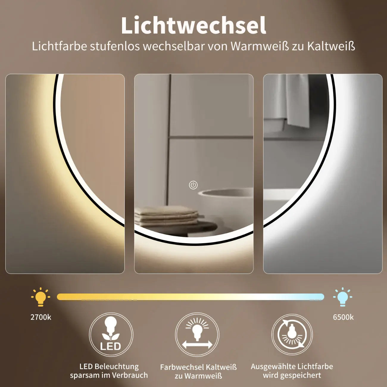 LED Rundspiegel für Badezimmer mit Schwarz Rahmen, Lichtwechsel - HOKO-Style