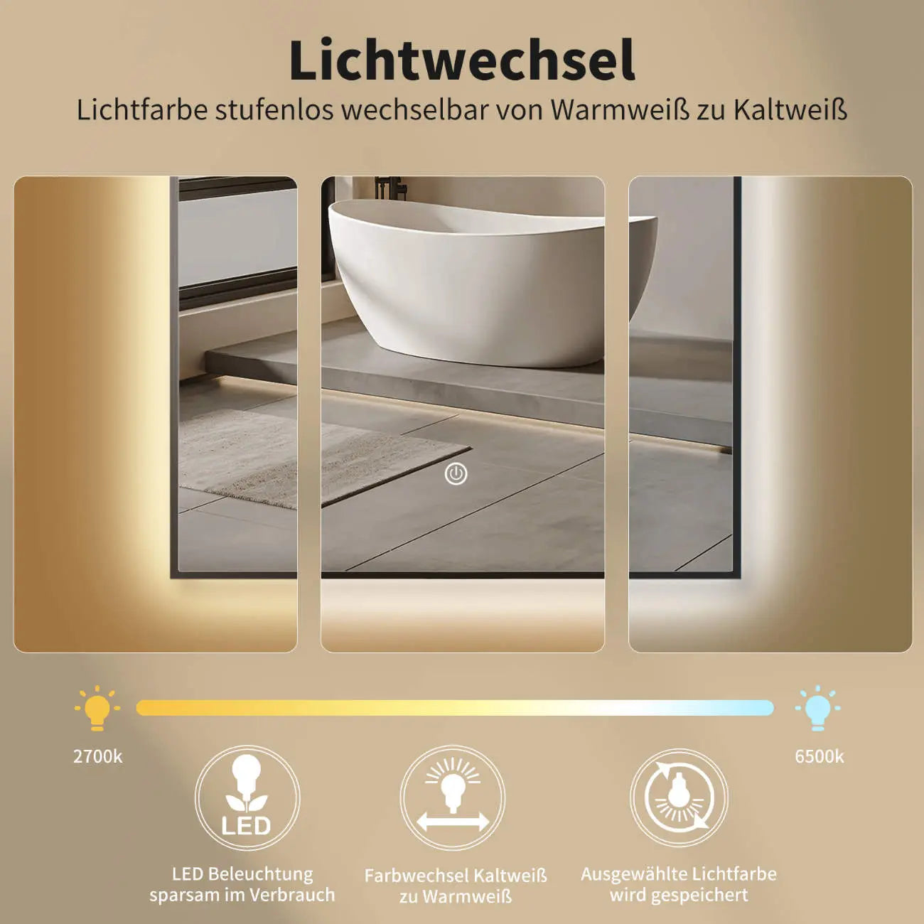 LED Wandspiegel, Bogenform Lichtspiegel mit Schwarz Metall Rahmen, Lichtwechsel - HOKO-Style