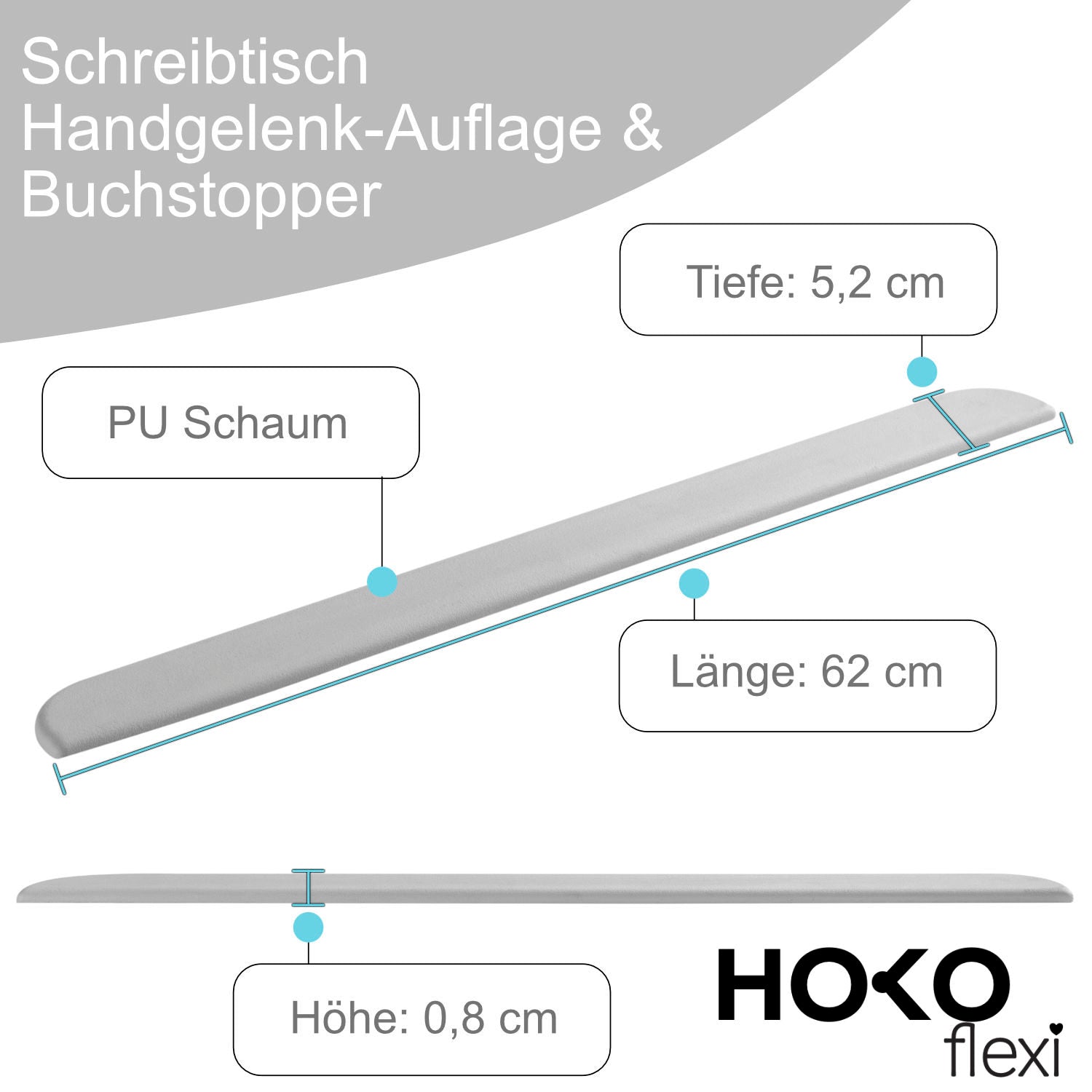 LANA - Ergo rutschfeste Handballenauflage mit Buchstopper für Kinderschreibtisch, Grau