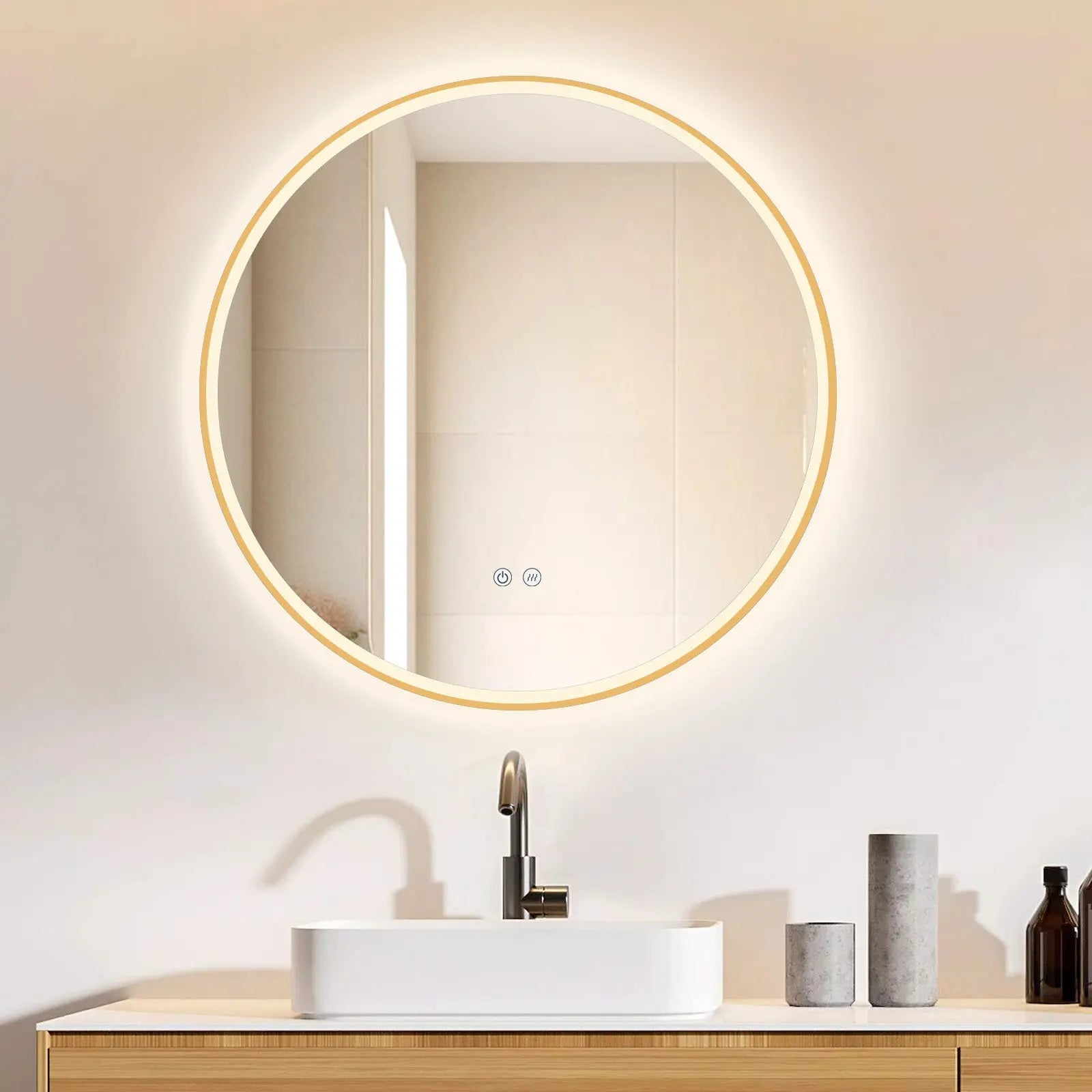 Runder LED Wandspiegel mit Goldrahmen & Antibeschlag – Lichtfarbe wechselbar - HOKO-Style