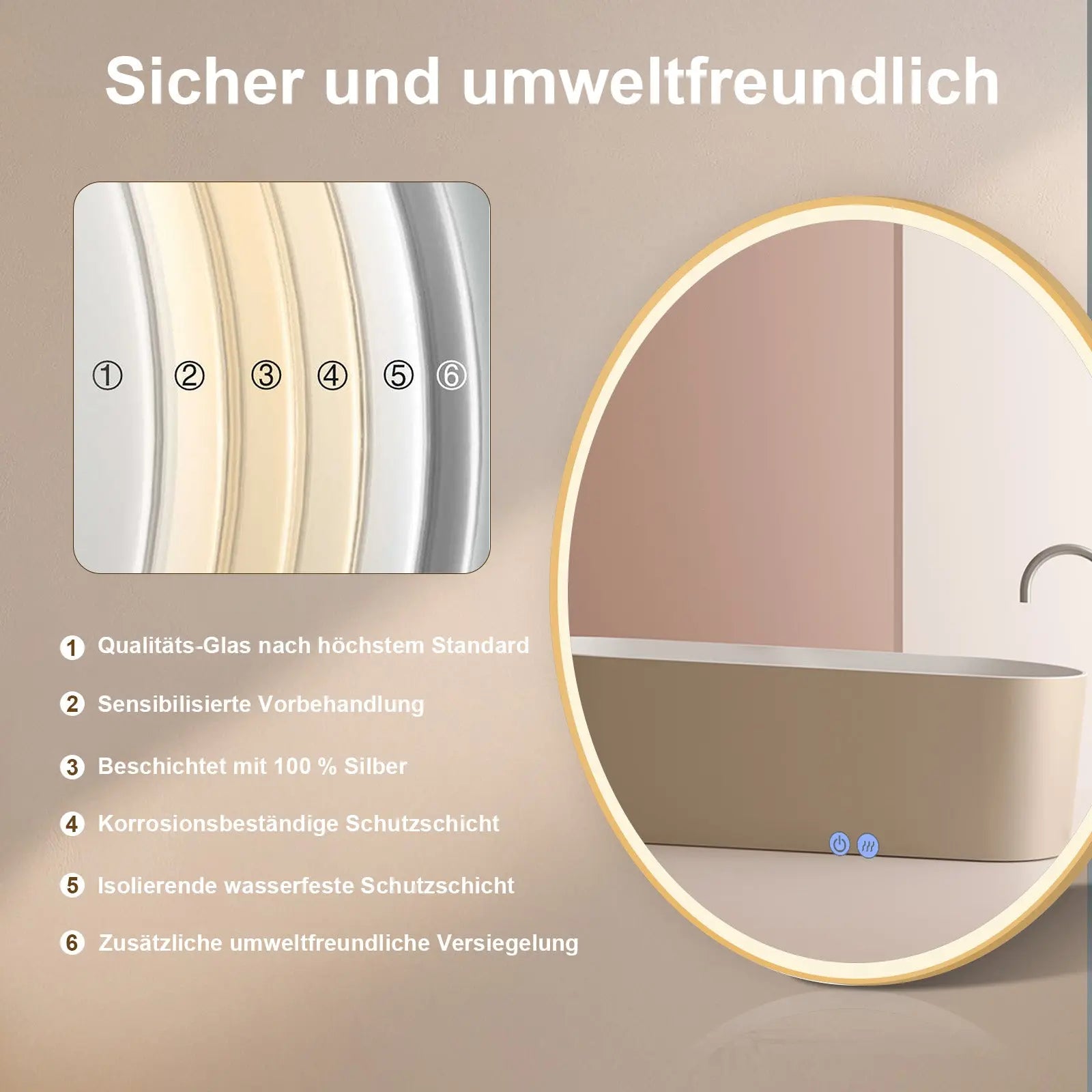 Runder LED Wandspiegel mit Goldrahmen & Antibeschlag – Lichtfarbe wechselbar - HOKO-Style