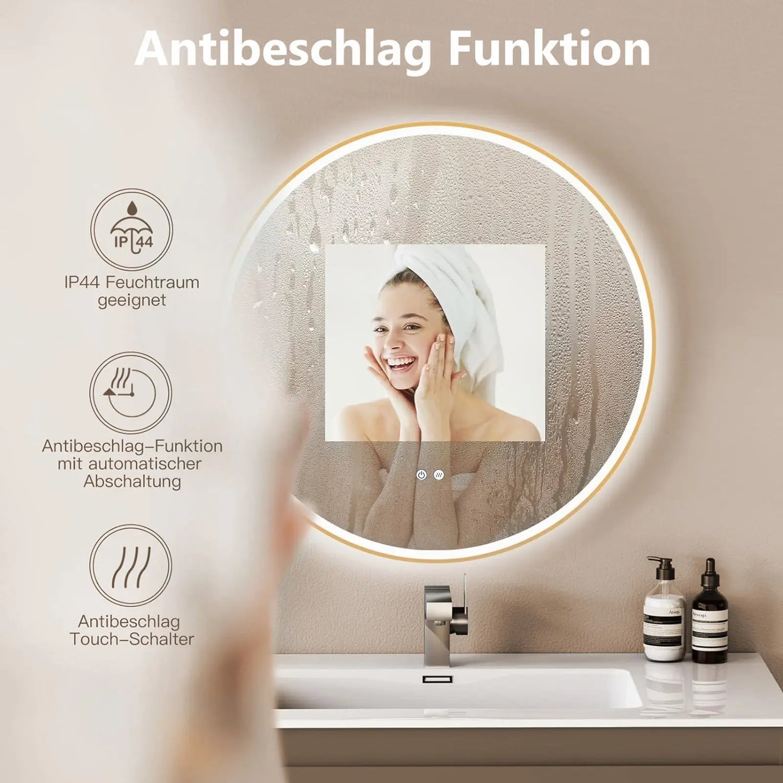 Runder LED Wandspiegel mit Goldrahmen & Antibeschlag – Lichtfarbe wechselbar - HOKO-Style