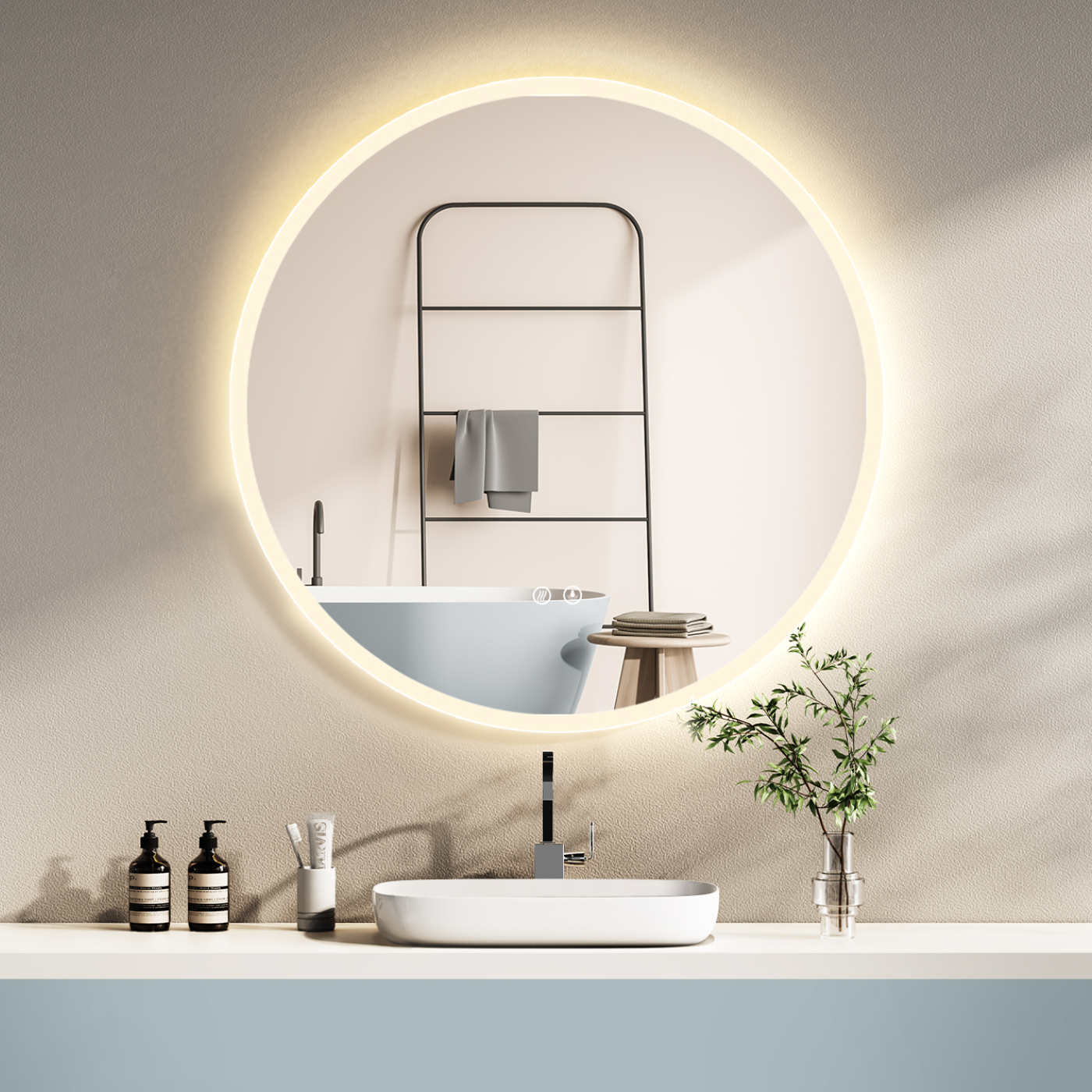 ANTI-FOG LED round mirror with mirror heating and with warm white / cold white light change.