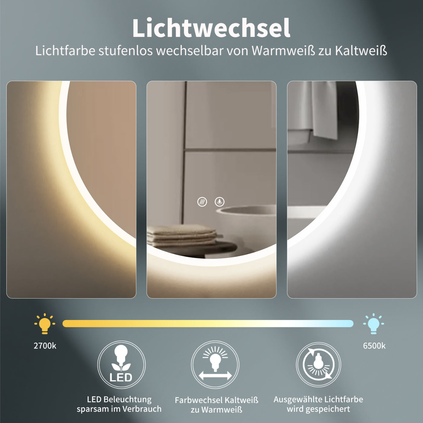 ANTIBESCHLAG LED Rundspiegel fürs Bad mit Spiegelheizung, Lichtwechsel