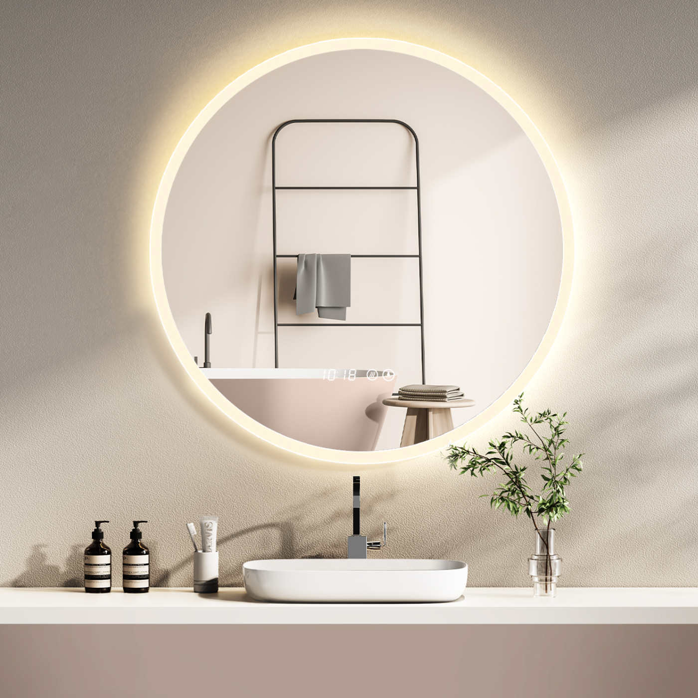 LED Badspiegel mit Lichtwechsel, runder Design-Badspiegel mit LED-Beleuchtung， Digital Uhr