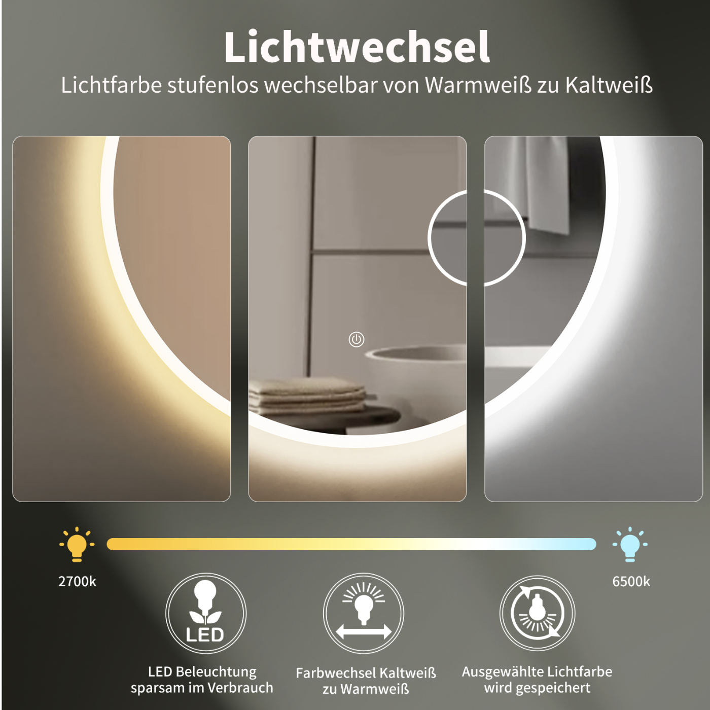 LED Badspiegel, design runder Badspiegel mit Beleuchtung, Integriert Kosmetikspiegel, Lichtwechsel