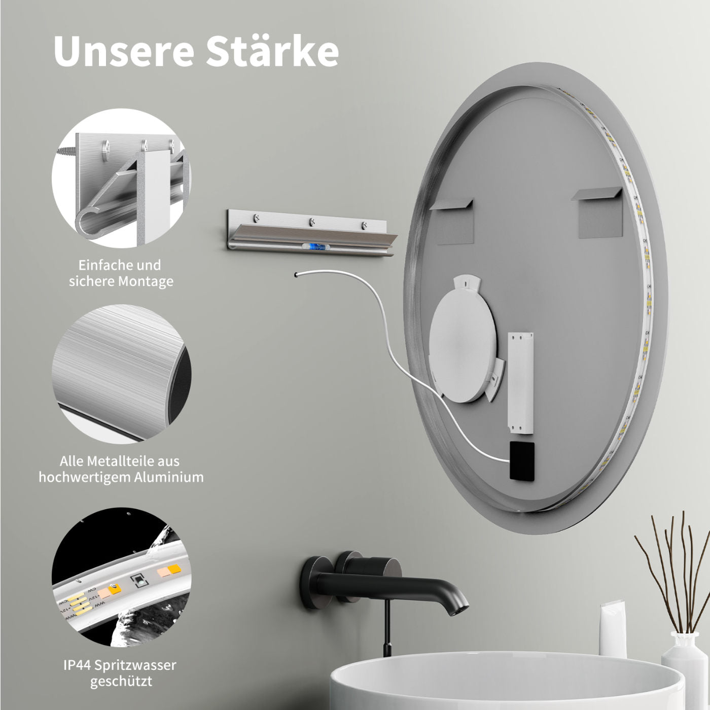 LED Badspiegel, design runder Badspiegel mit Beleuchtung, Integriert Kosmetikspiegel, Lichtwechsel