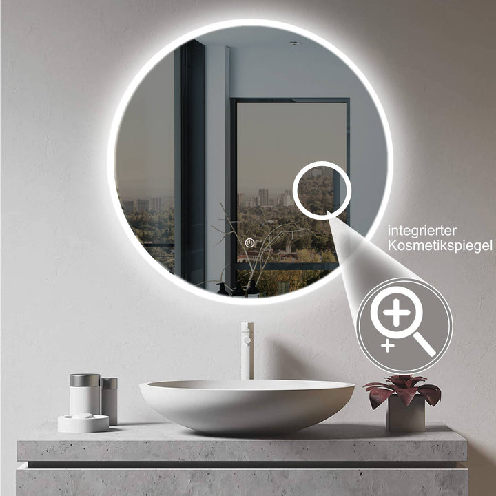 LED round mirror with integrated cosmetic mirror and with warm white / cold white light change.