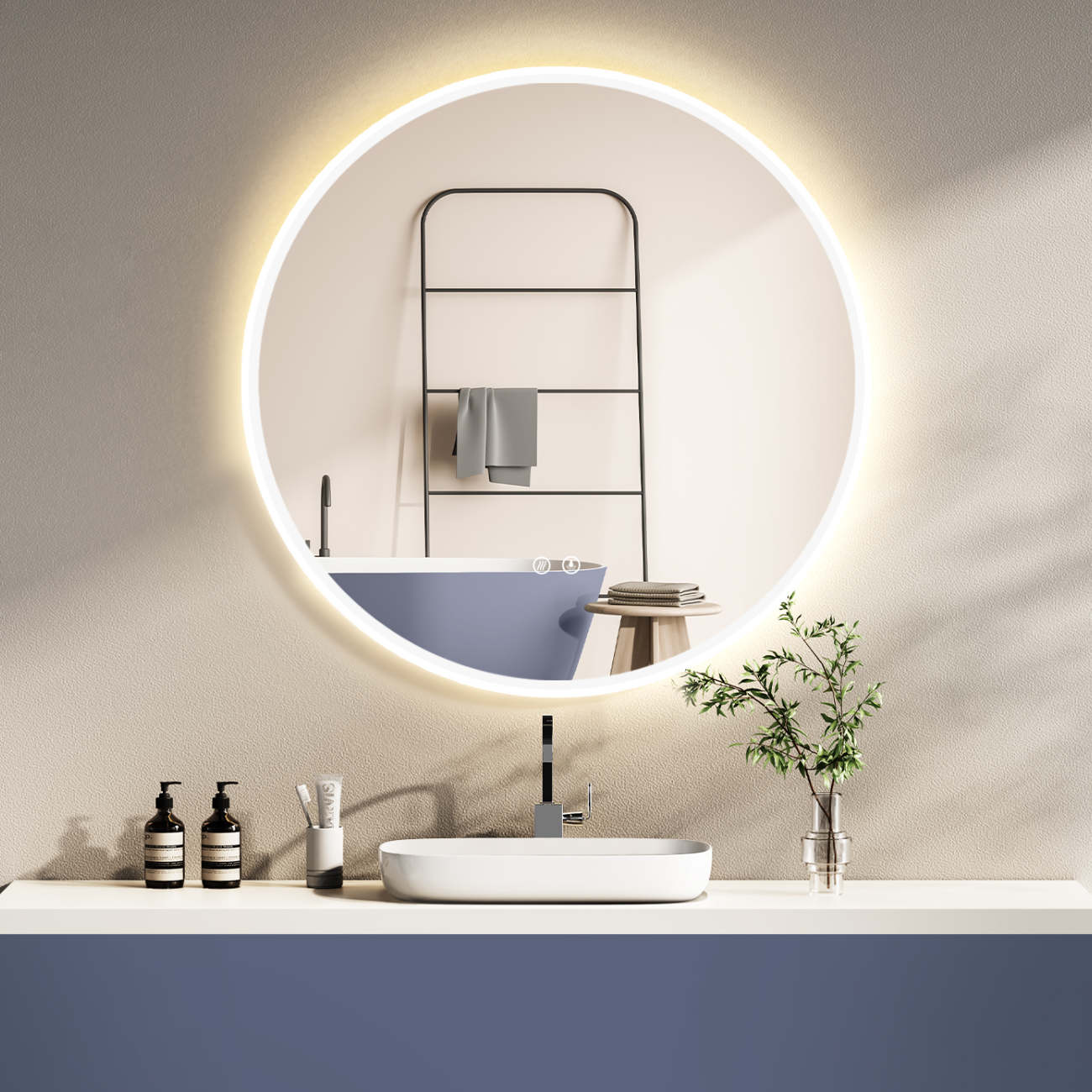 LED Round Wall Mirror ANTI-FOG with White Metal Frame, Light Change