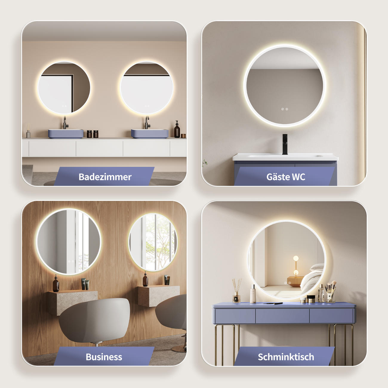 LED Badspiegel: Lichtwechsel, runder Design-Spiegel, Antibeschlag-Funktion, Weiß-Metallrahmen