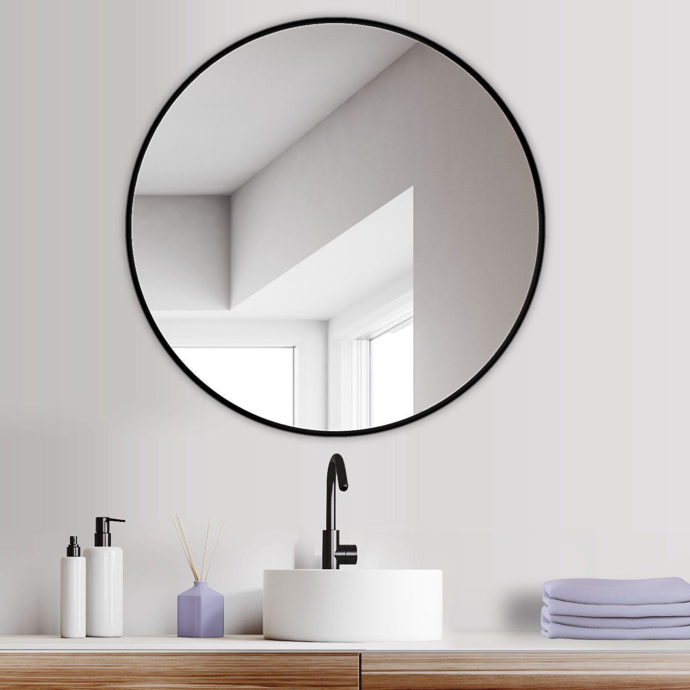 Wall mirror Round Scandinavian design with frame, without lighting.