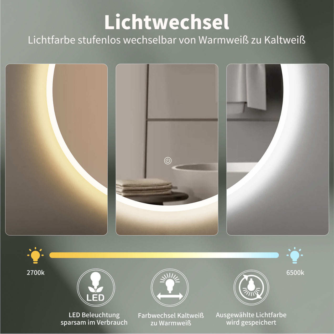 LED Badspiegel, design runder Badspiegel, Badspiegel mit led Beleuchtung, Lichtwechsel