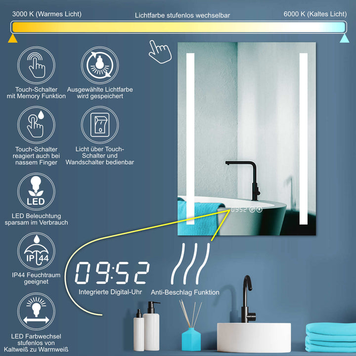 ANTIBESCHLAG LED Bad Wandspiegel mit Digitaluhr + Lichtwechsel – HOKO-Style