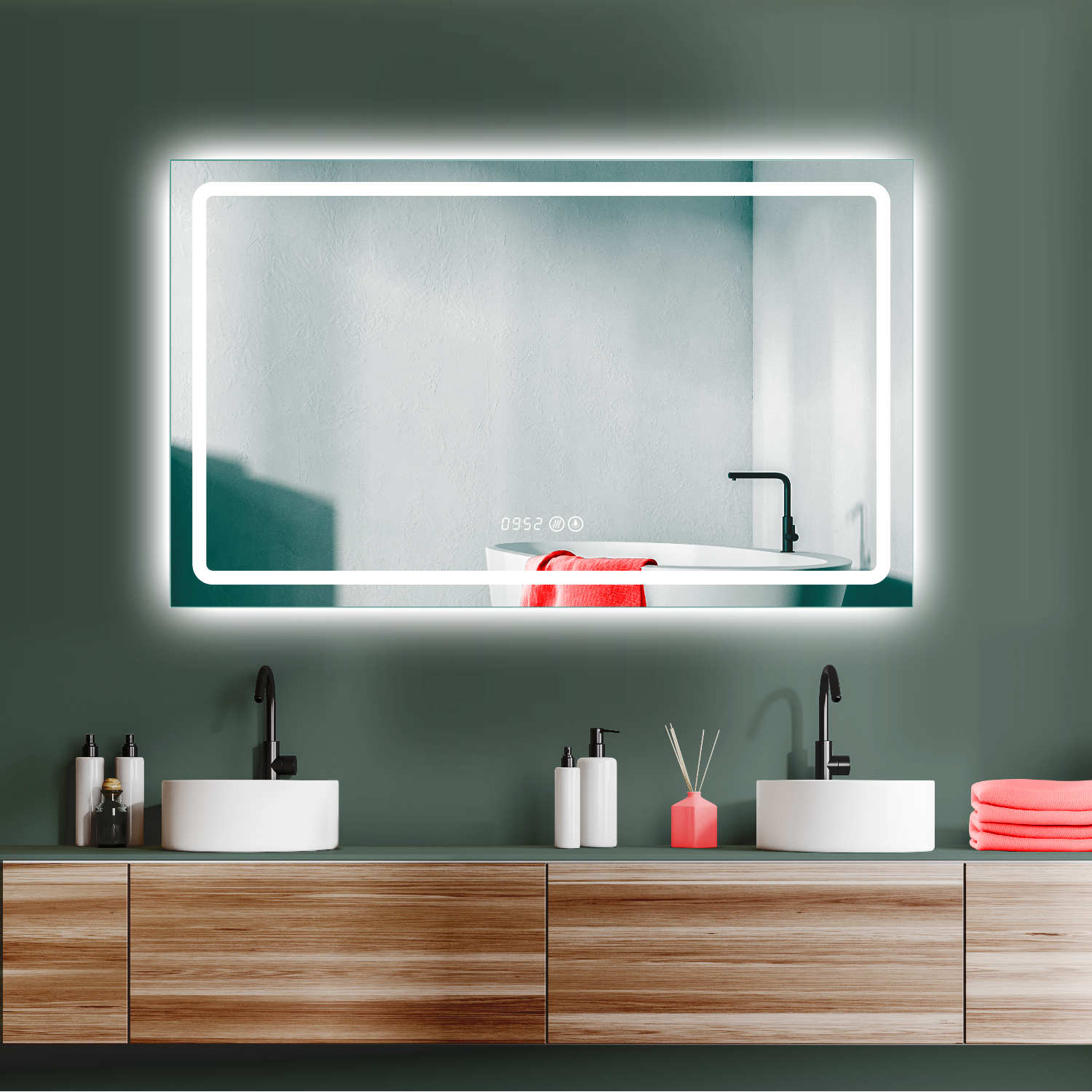 LED Badspiegel mit Lichtwechsel, Antibeschlag-Funktion und Digitaluhr，60x100cm