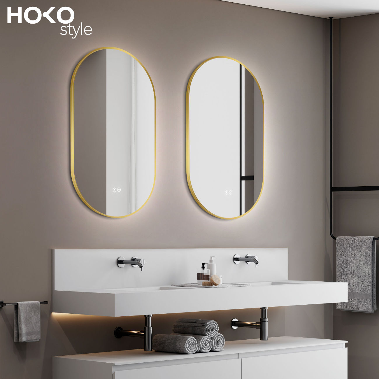 LED Badspiegel mit Lichtwechsel, ovaler Design-Spiegel mit Antibeschlag-Funktion und Gold Metall Rahmen