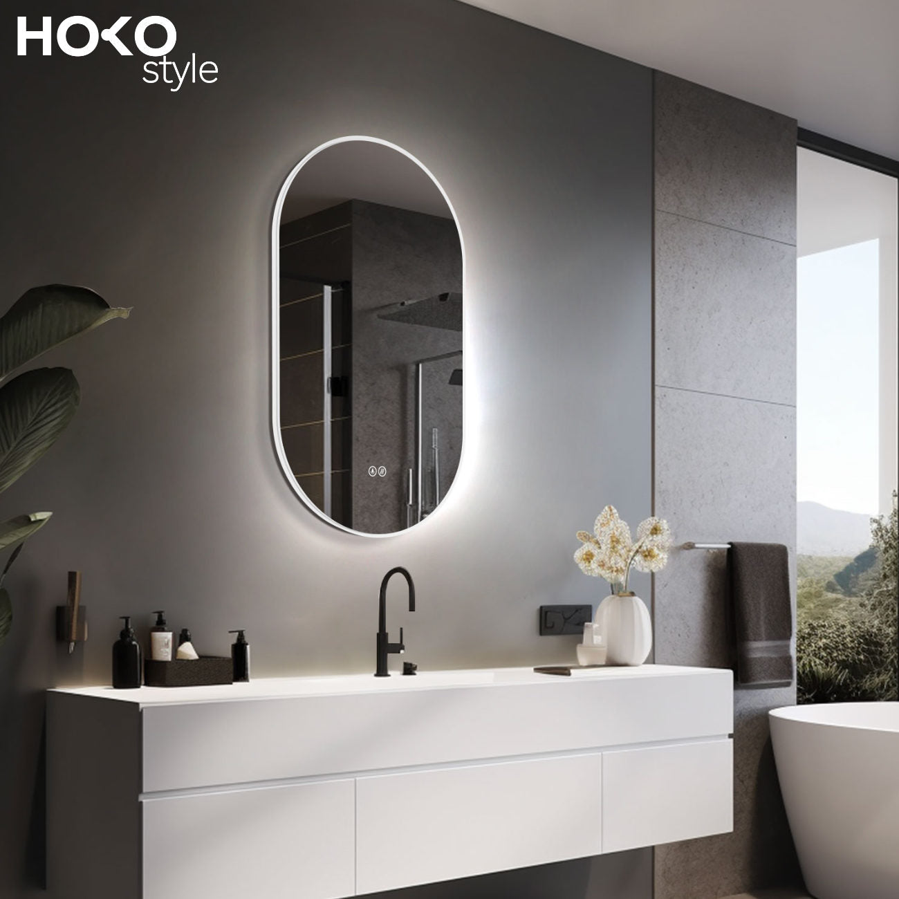 Badspiegel mit Beleuchtung,  Lichtwechsel, oval Design Badspiegel, Antibeschlag-Funktion, Weiß Metall Rahmen