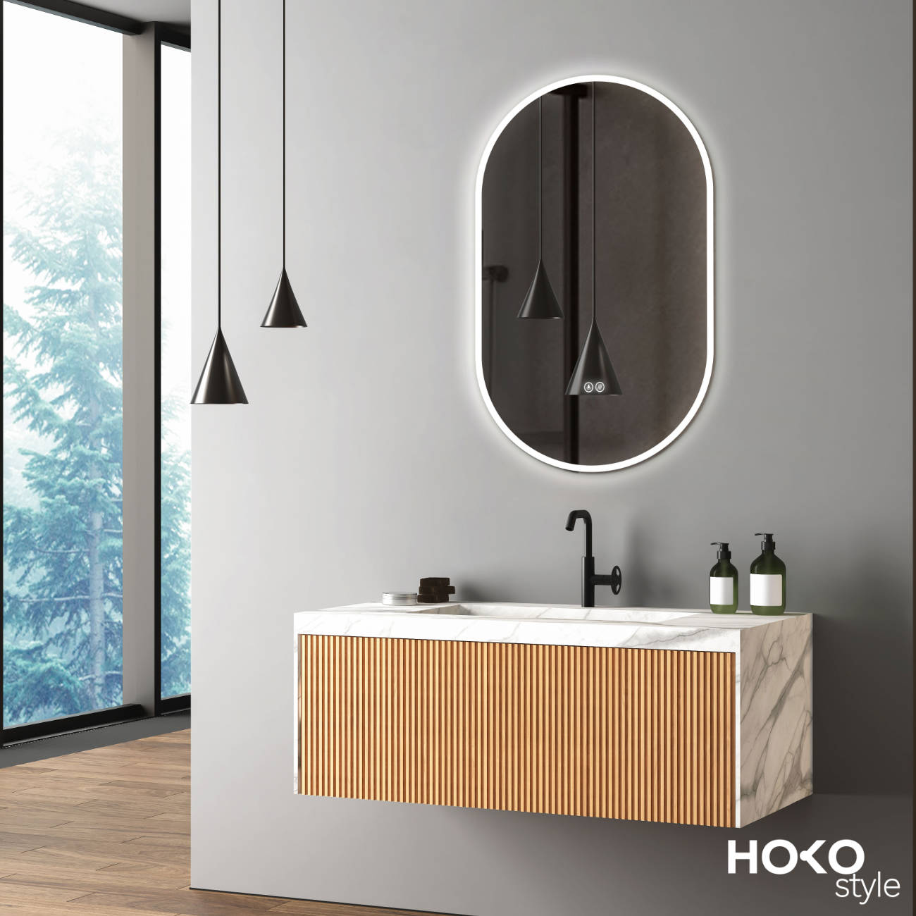 ANTI-FOG LED oval bathroom mirror with matt white frame, light color change
