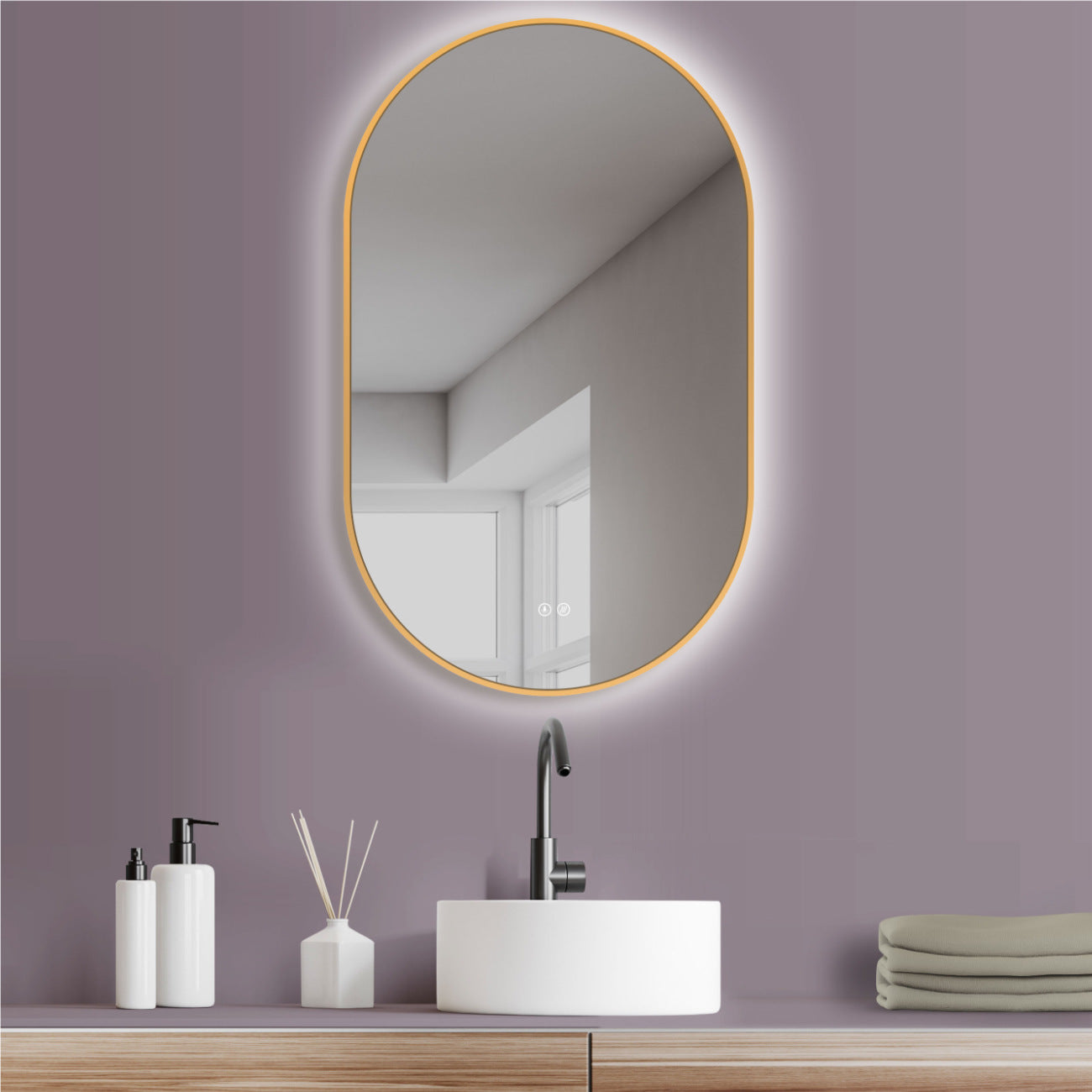 ANTIBESCHLAG LED Badspiegel oval mit Gold Rahmen, Lichtwechsel