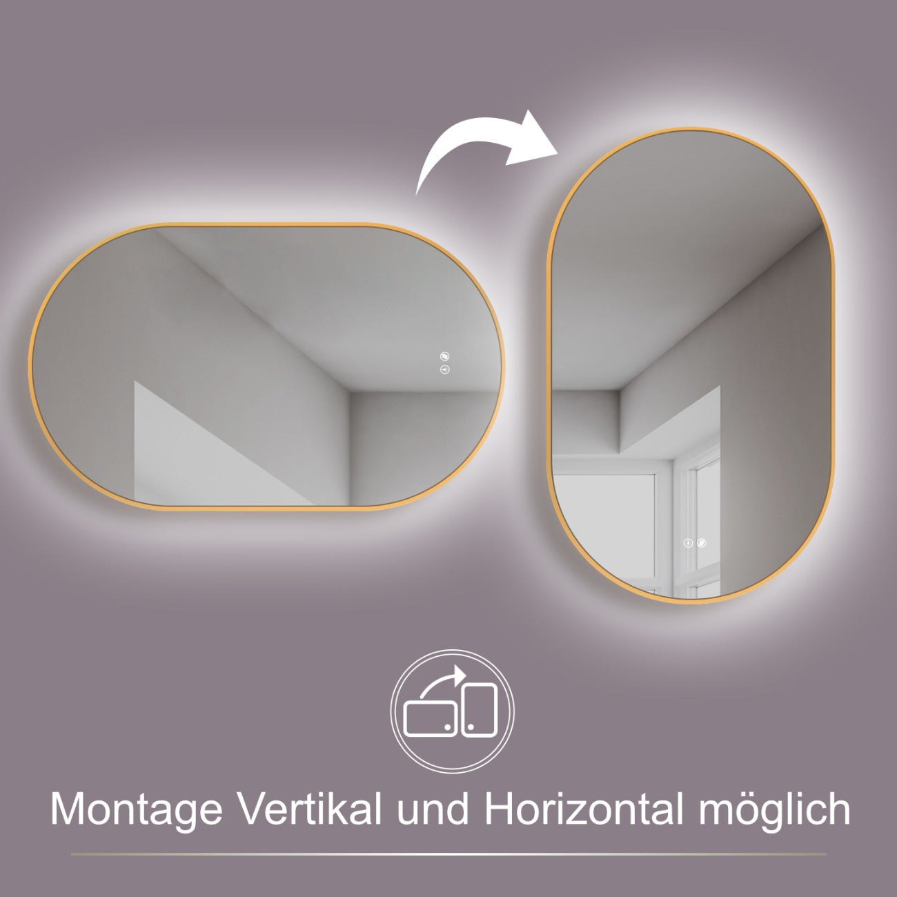 LED Badspiegel mit Lichtwechsel, ovaler Design-Spiegel mit Antibeschlag-Funktion und Gold Metall Rahmen