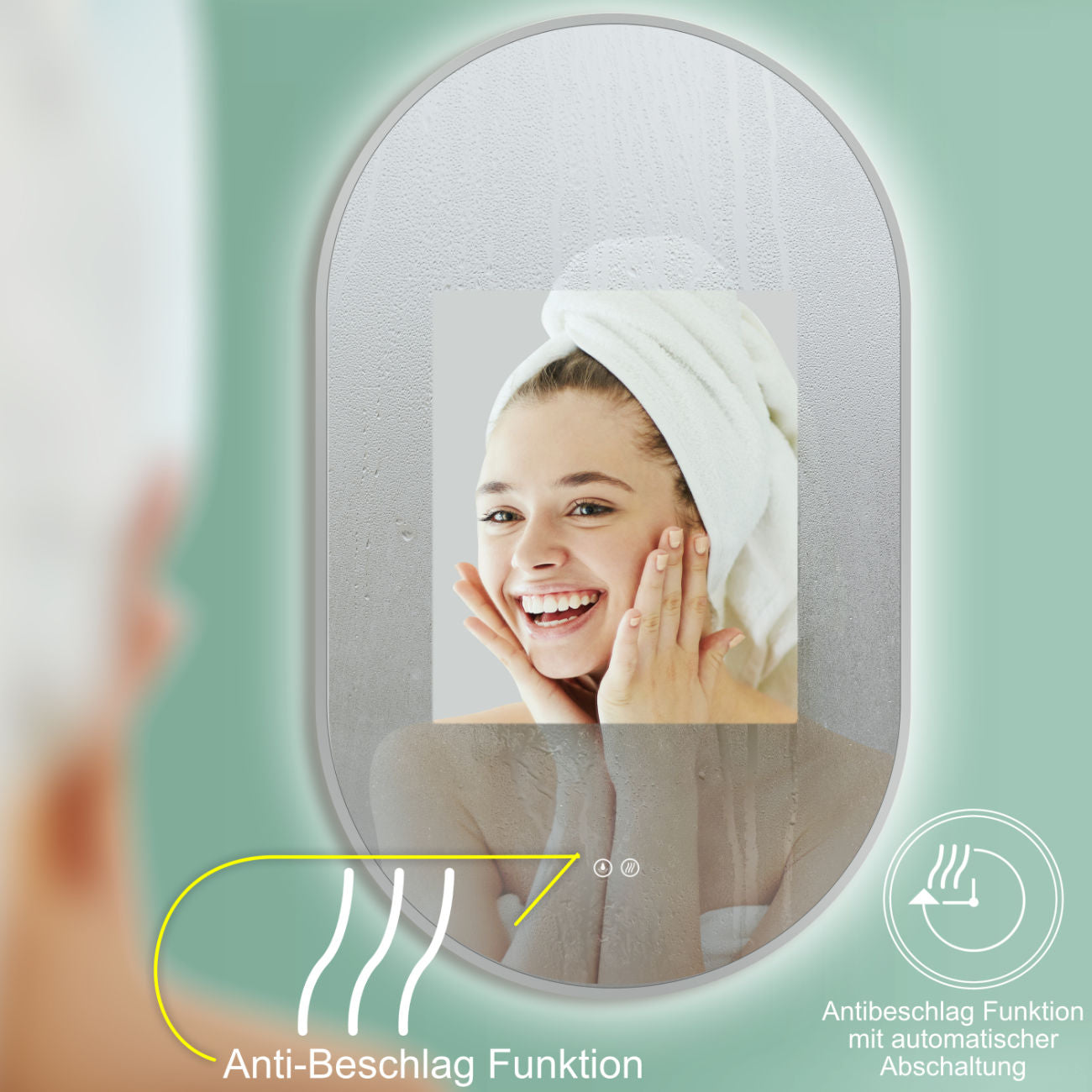 Badspiegel mit Beleuchtung,  Lichtwechsel, oval Design Badspiegel, Antibeschlag-Funktion, Weiß Metall Rahmen
