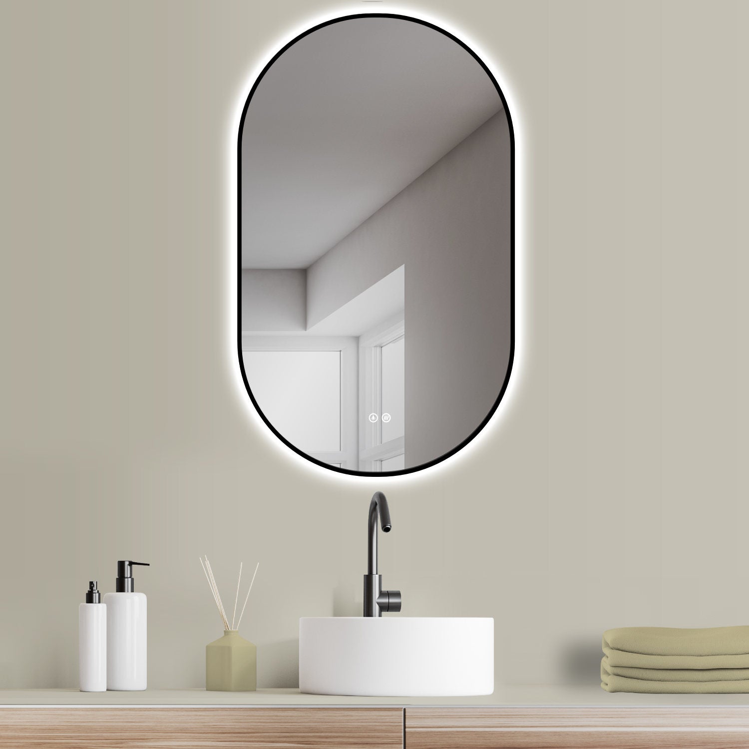 ANTIBESCHLAG, oval Badspiegel mit LED,  schwarz Metall Rahmen