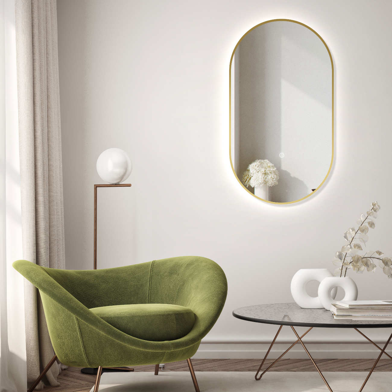 LED Badspiegel, design oval Dekor Spiegel, Badspiegel mit led Beleuchtung, Metall Rahmen