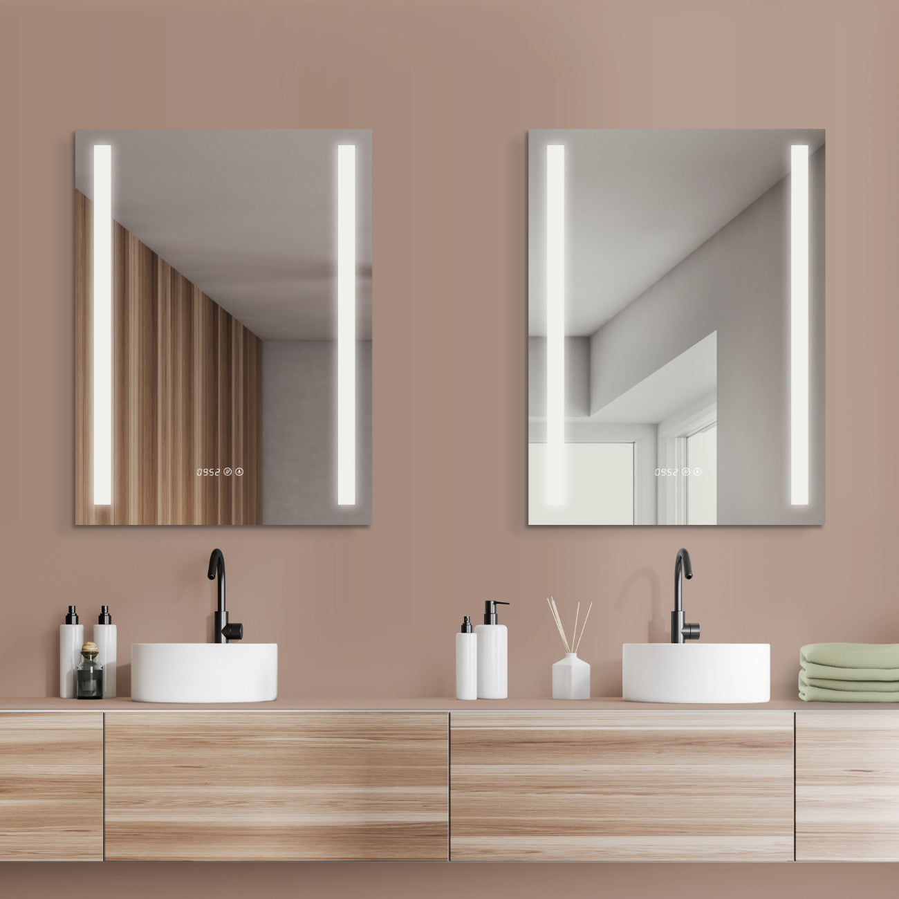 ANTI-FOG LED bathroom mirror with digital clock, light change warm white / cool white side light