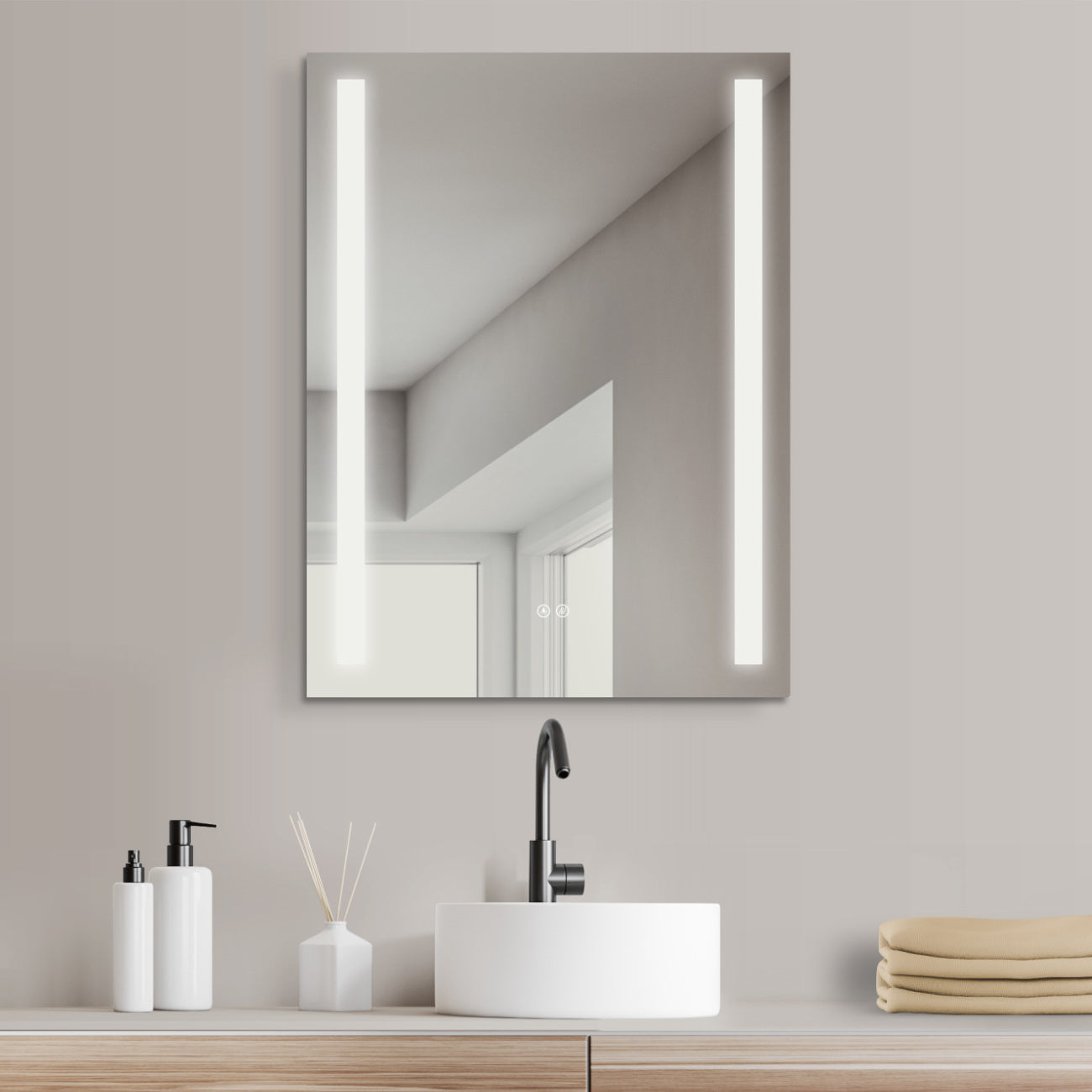 ANTI-FOG LED bathroom mirror with mirror heating, light change from warm white to cold white, illuminated from the side.