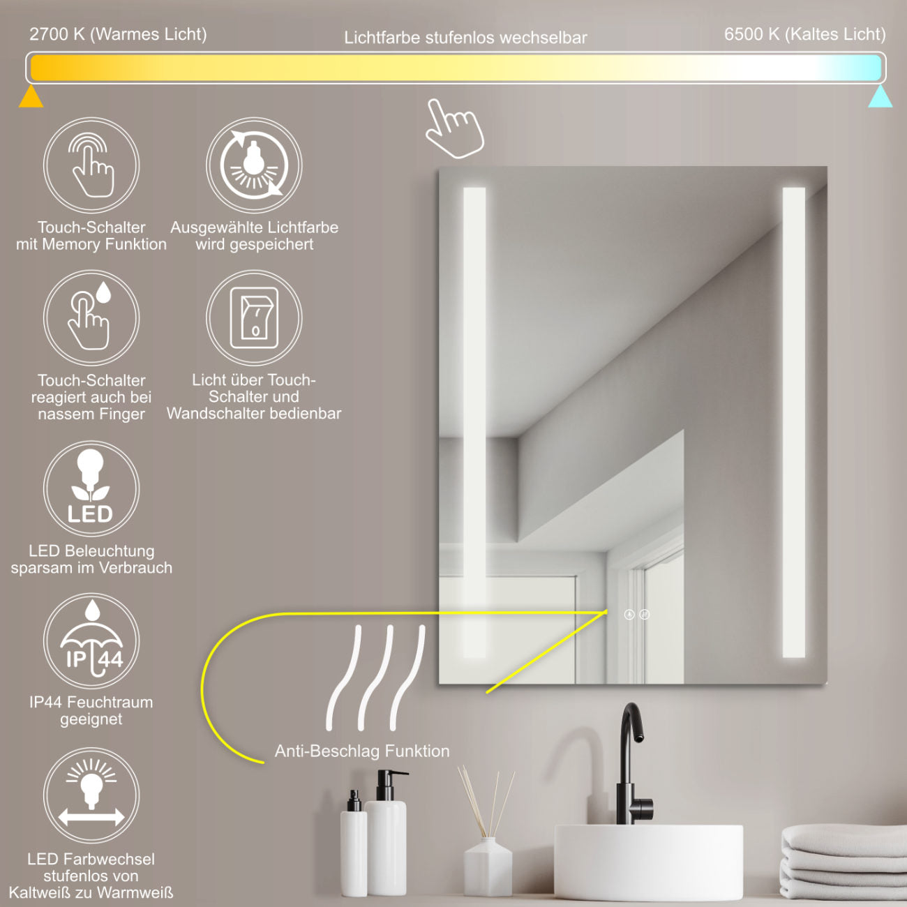LED Badspiegel, Design-Badspiegel mit LED-Beleuchtung und Antibeschlag-Funktion 