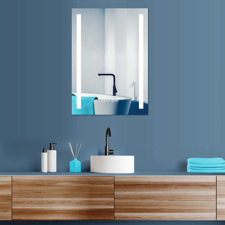 LED Bathroom Mirror With Clock, Light Change Warm White / Cool White Side Illuminated