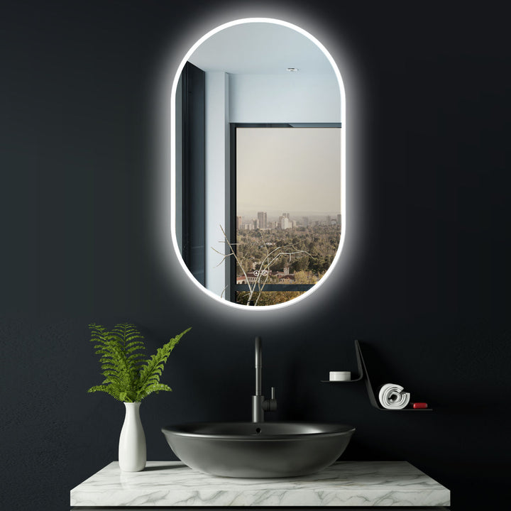 ANTI-FOG LED bathroom mirror oval. Vertical & horizontal hanging. Light change warm white / cool white