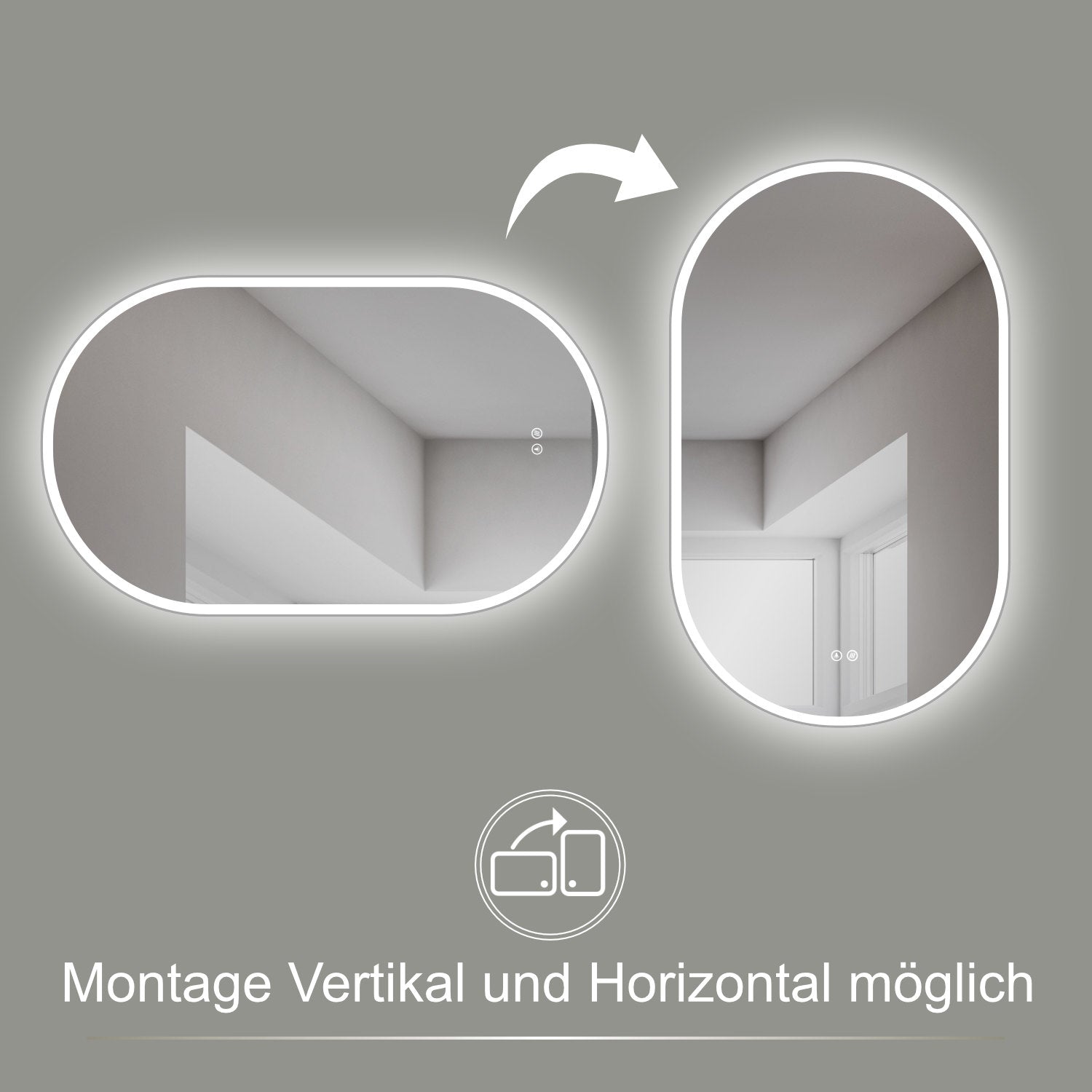 LED Badspiegel, design oval Wandspiegel, Antibeschlag, Lichtwechsel