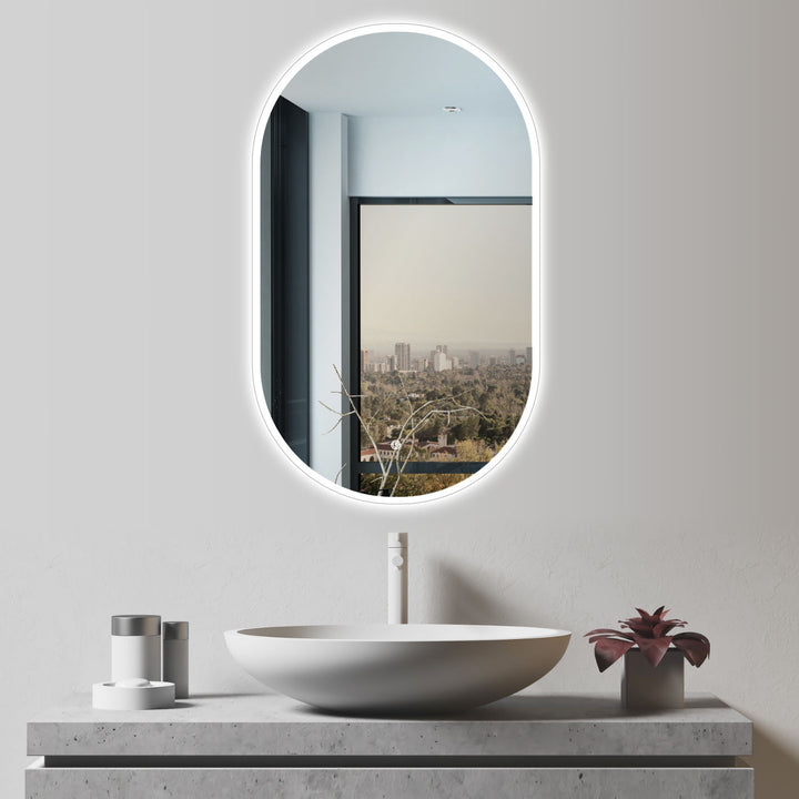 LED design mirror oval without frame. Vertical & horizontal hanging. Bathroom mirror / dressing table mirror outside LED illuminated. Light change warm white / cool white.