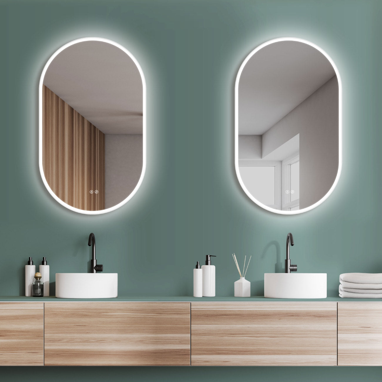 ANTI-FOG oval bath mirror with LED lighting with white frame + light change