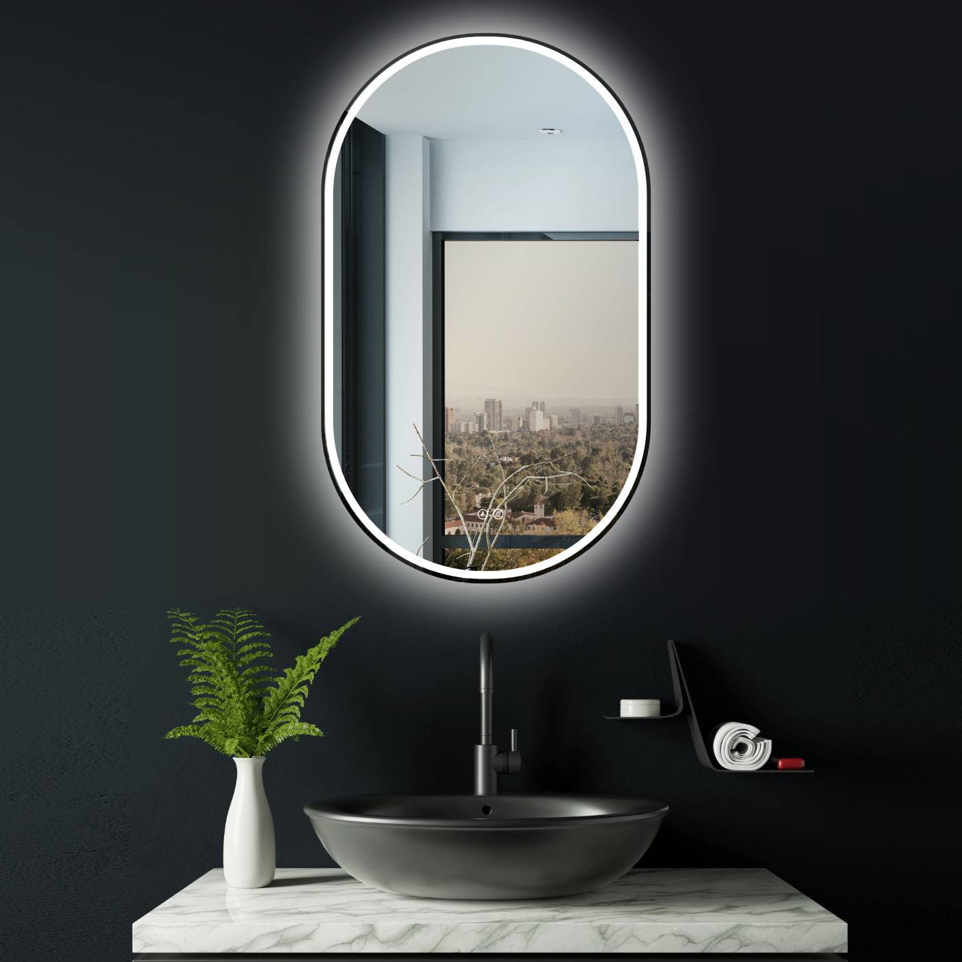 LED Badspiegel, design oval Dekor Spiegel mit led Beleuchtung, Antibeschlag Funktion, Schwarz Metallrahmen
