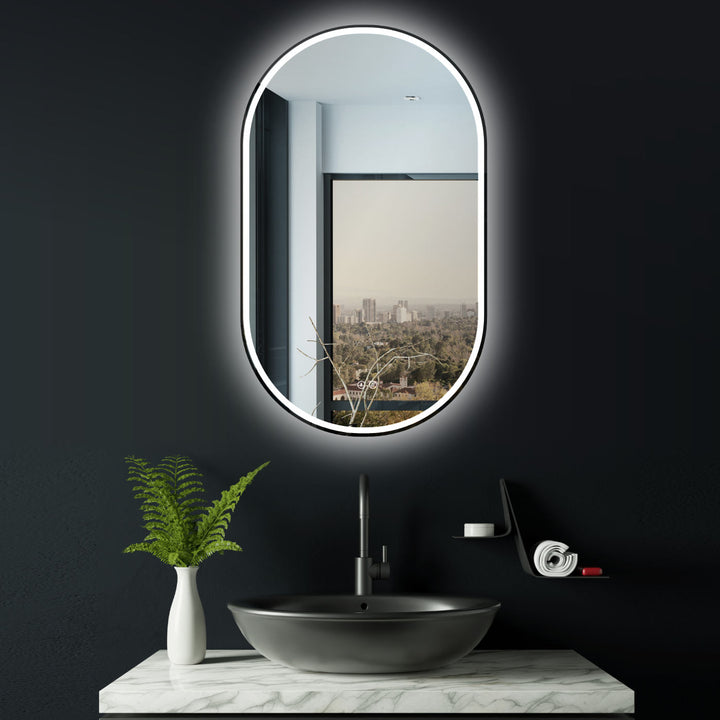 ANTI-FOG oval bathroom mirror with matt black frame. Vertical & horizontal hanging. Design mirror for the bathroom. Light change warm white / cool white.