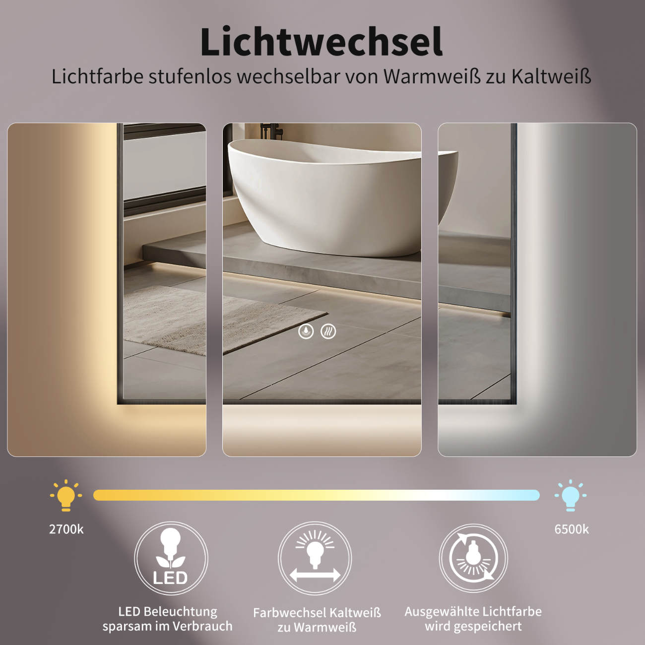 LED Badspiegel mit SPIEGEL HEIZUNG, Bogenform mit Schwerz Metall Rahmen, Lichtwechsel