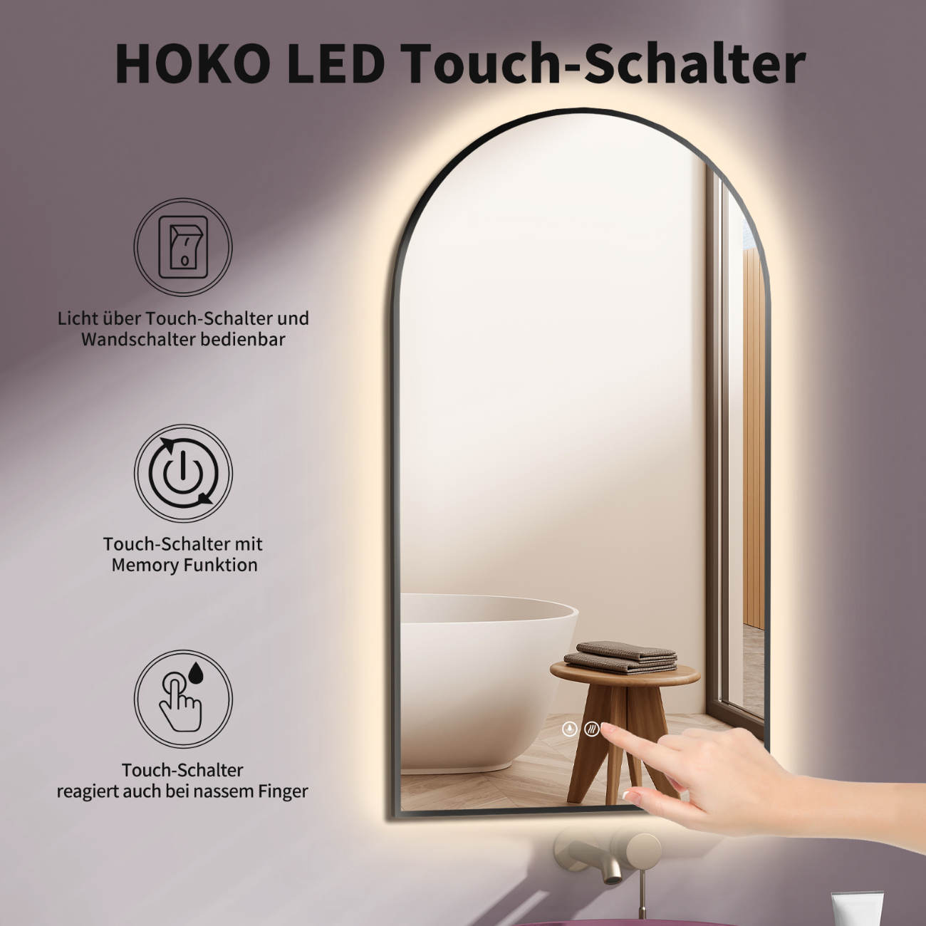 LED Badspiegel mit SPIEGEL HEIZUNG, Bogenform mit Schwerz Metall Rahmen, Lichtwechsel