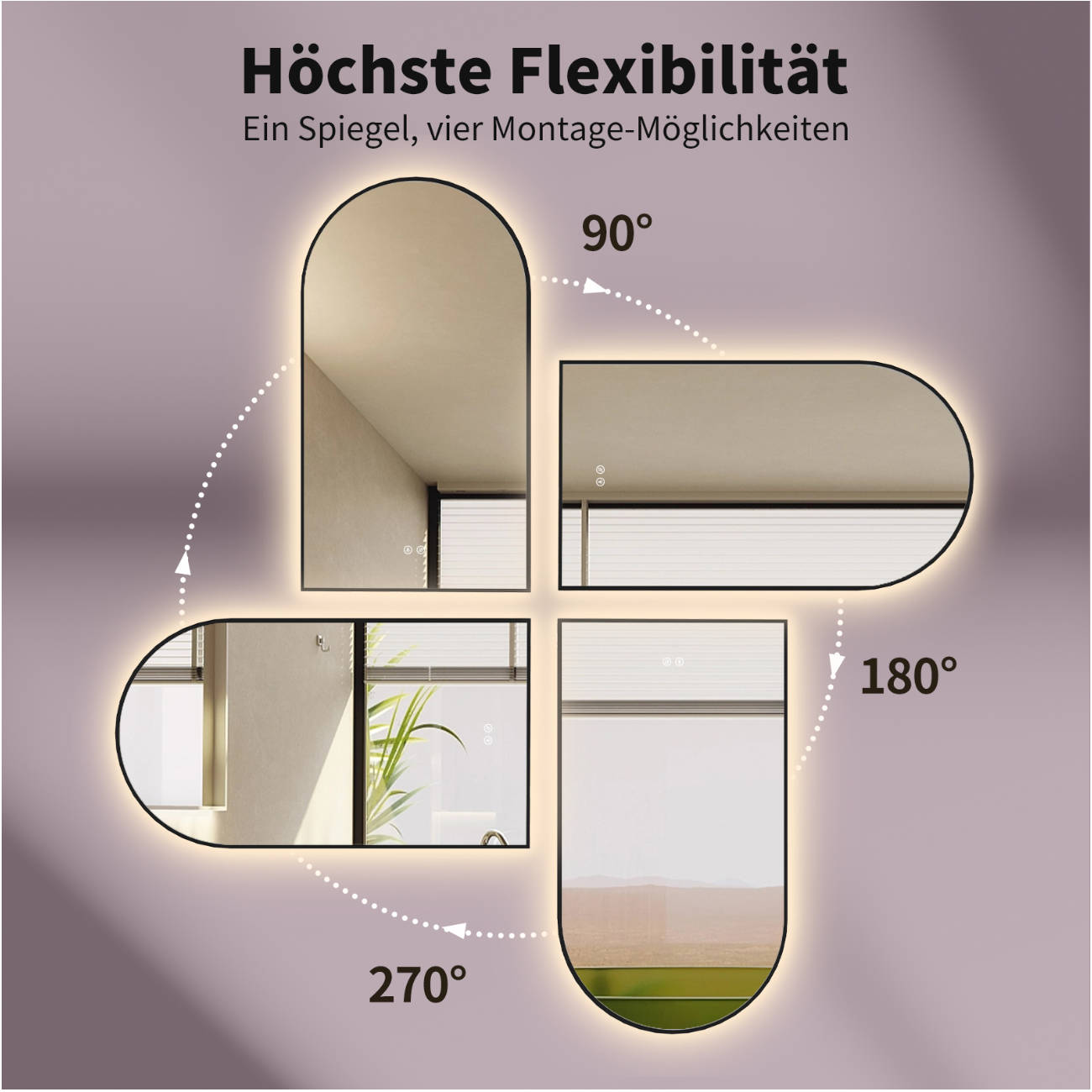 LED Badspiegel mit SPIEGEL HEIZUNG, Bogenform mit Schwerz Metall Rahmen, Lichtwechsel